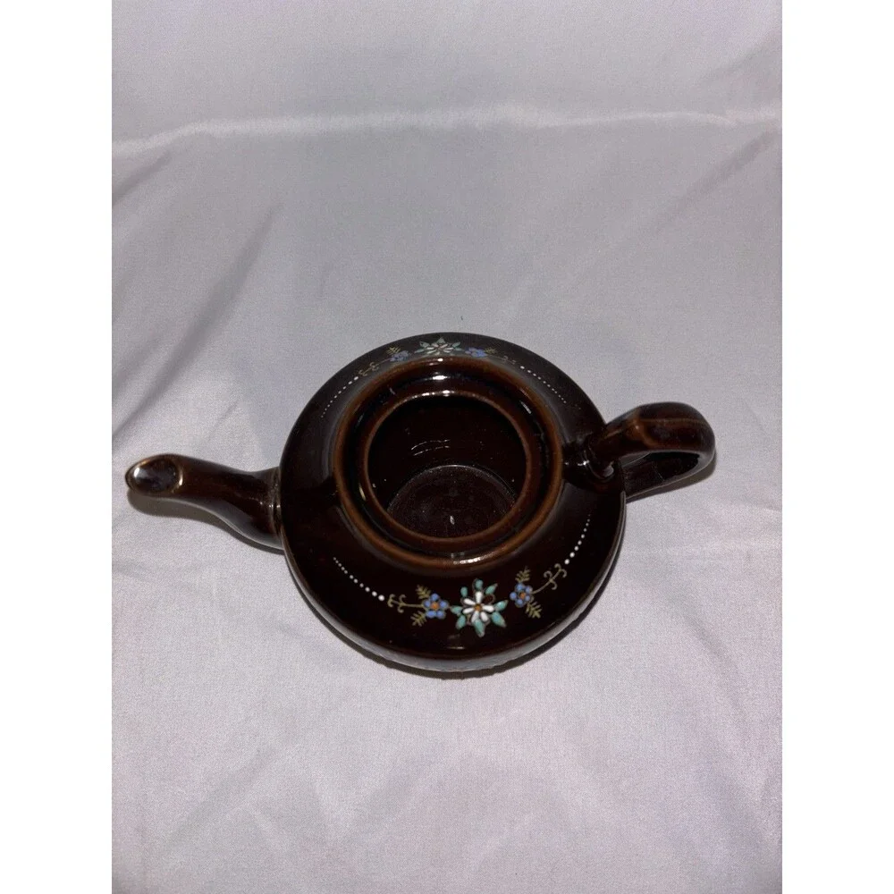 Brown Betty Teapot Hand Painted Red Ware Made in Japan Moriage Floral Blue VTG